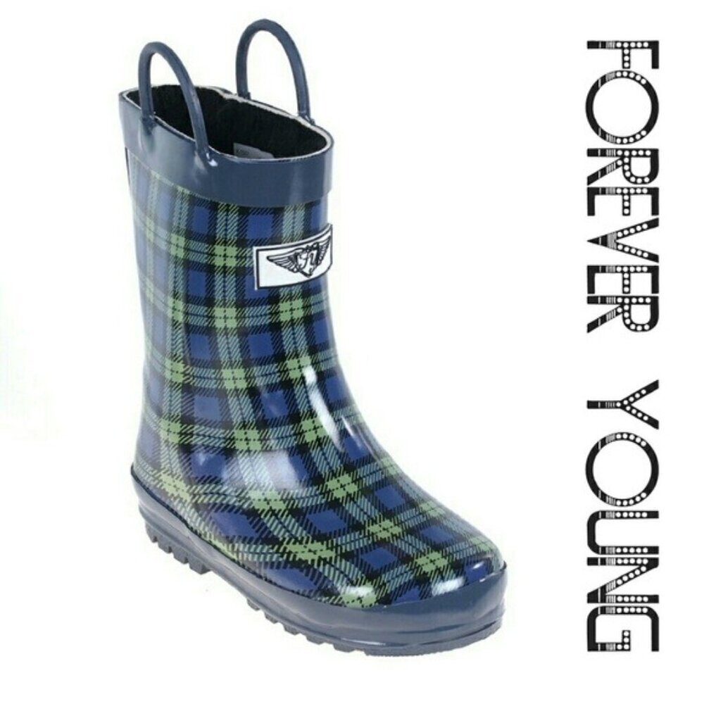 Kids Rainboots, Faux Fur Lined Rain Boots, K-1557 Blue Plaid, Size Little Kid 1